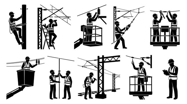 Railway Overhead Line Technicians Silhouette Set Catenary Maintenance Vector Collection