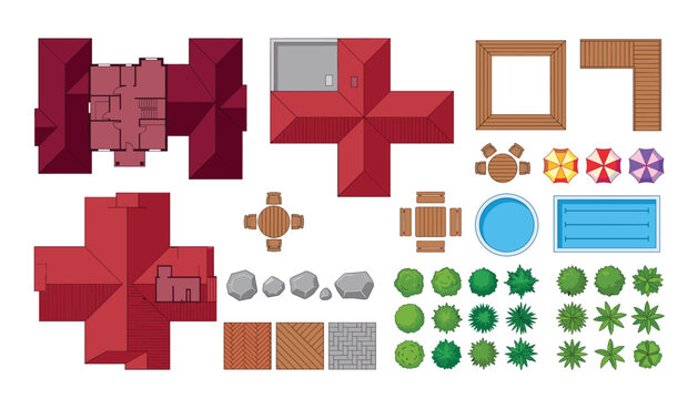House roof and garden top view vector set. Architectural map elements including red roofs, swimming pool, outdoor furniture, patio tiles, trees and landscaping assets.