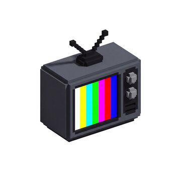 Voxel pixel art retro television with colorful test pattern screen transparent PNG cutout