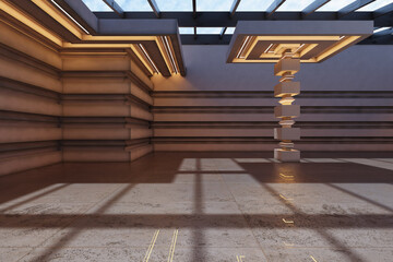 Obraz premium Empty hall in art deco style with stepped stone walls, ornamental column, glass roof against blue sky and warm illumination on ledges. 3D Rendering