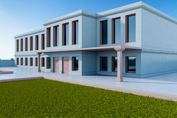 Obraz premium Exterior of two story classical building with columns, porch and pink doors, green lawn and tiled walkway under clear blue sky. 3D Rendering