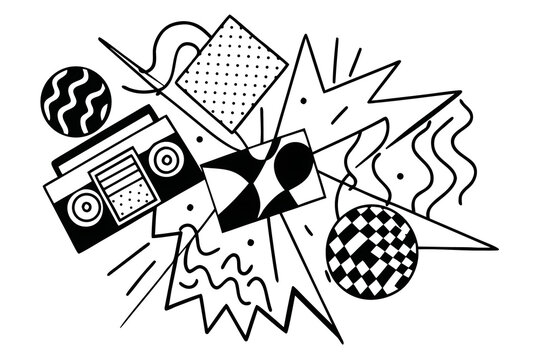 A dynamic and playful black and white doodle art illustration of a retro boombox, geometric shapes, and abstract elements creating a lively nostalgic scene.