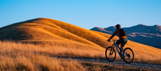 Obraz premium Trail cyclist riding along ridge path with distant hills under expansive sky