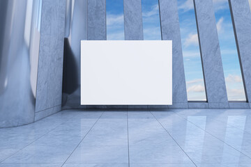 Obraz premium Blank white poster mockup standing on glossy marble tile floor in futuristic hall with slanted concrete columns and blue sky between them. 3D Rendering