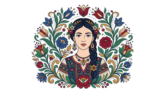 Beautiful Woman Portrait in Traditional Slavic Folk Art Style with Floral Ornament Frame