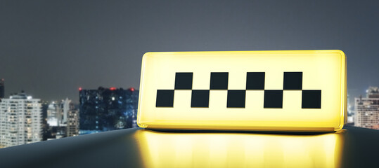 Glowing yellow taxi roof sign with black checker pattern on car top against night city skyline illustrating urban cab service. 3D Rendering © Who is Danny