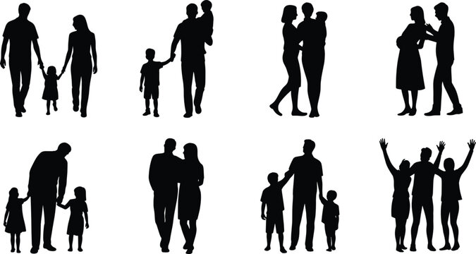Happy family flat vector illustration set. Eight black group silhouettes showing pregnant couples, parents holding kids, and walking relatives form a sweet household collection.
