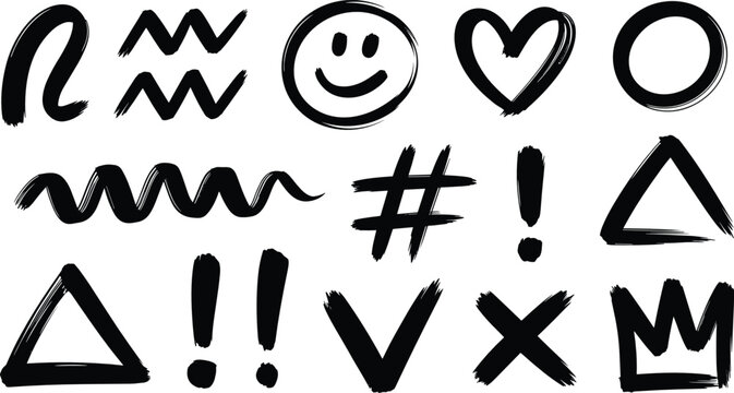 Brush strokes flat vector illustration symbols. Fifteen hand-drawn black ink elements like a smiley, heart, crown, and triangle offer a rustic graffiti icon pack.