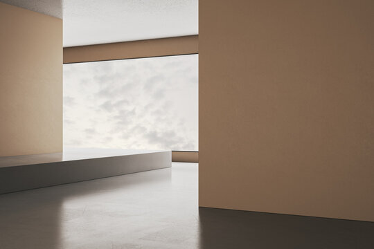 Spacious empty interior in warm beige tones with blank wall, low stone platform and large window revealing cloudy sky view. 3D Rendering