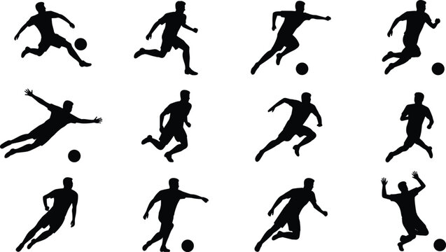 Soccer players flat vector illustration collection. Twelve dynamic black athletic silhouettes showing running, kicking, and diving poses form an active football team set.