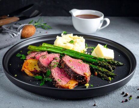 Perfectly seared meat slices rest on a black plate. Pink center hints at ideal doneness. Mashed potatoes and asparagus add texture and color. Butter and sauce in white ceramic bowl enhance the dish