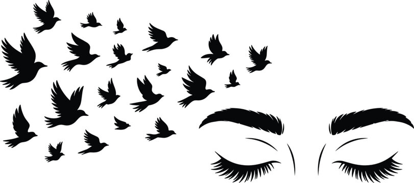 Woman eyes flat vector illustration concept. Closed eyelashes and bushy eyebrows transition smoothly into a flock of flying black freedom birds.