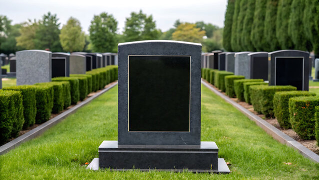 Modern black granite headstone in cemetery. Sleek memorial marker standing among graves. Eternal resting place symbol in serene landscape.