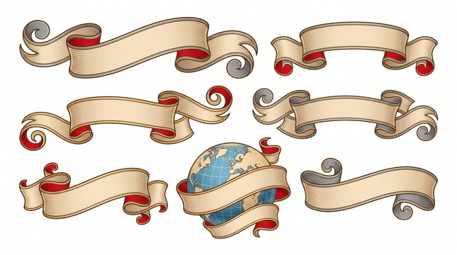 Collection of vintage style decorative ribbon banners featuring curved parchment scrolls with elegant red accents and a detailed globe icon for sophisticated graphic design projects