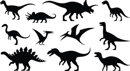 Dinosaur silhouettes flat vector illustration set. Eleven prehistoric reptile shapes including a stegosaurus, triceratops, and pterodactyl form a wild jurassic monster collection. © Olivia