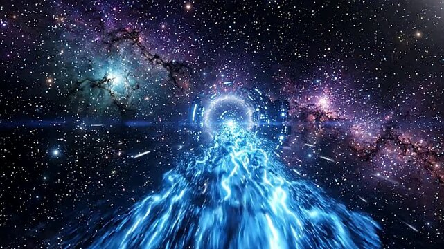 Hyperspace travel through a glowing blue cosmic wormhole tunnel in this fast motion animation clip