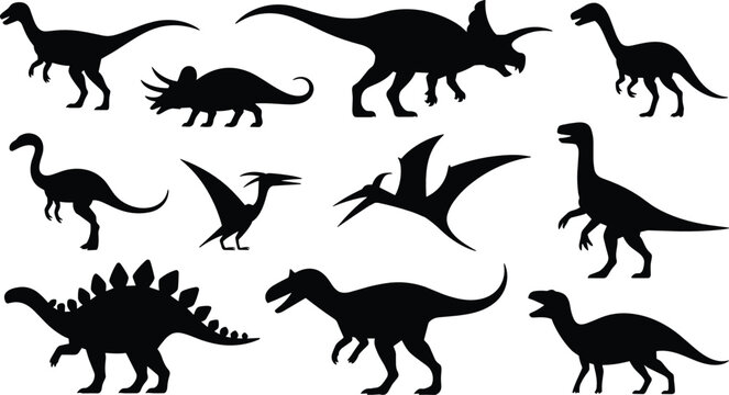 Dinosaur silhouettes flat vector illustration set. Eleven prehistoric reptile shapes including a stegosaurus, triceratops, and pterodactyl form a wild jurassic monster collection.