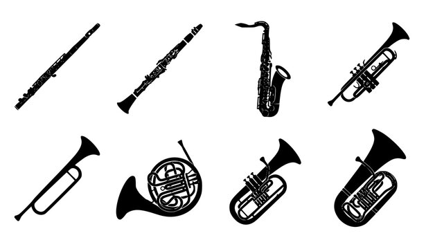 Orchestra Musical Instruments Black Silhouette Bundle with Trumpet Horn Tuba Saxophone Flute and Clarinet