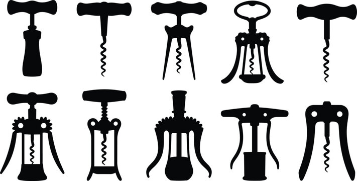 Corkscrew openers flat vector illustration collection. Ten unique black silhouette levers and wing bottle pullers form a vintage wine kitchen tool set.