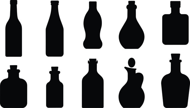 Bottle silhouettes flat vector illustration set. Ten distinct glass container shapes including wine, oil, medicine and liquor flasks form a commercial packaging collection.
