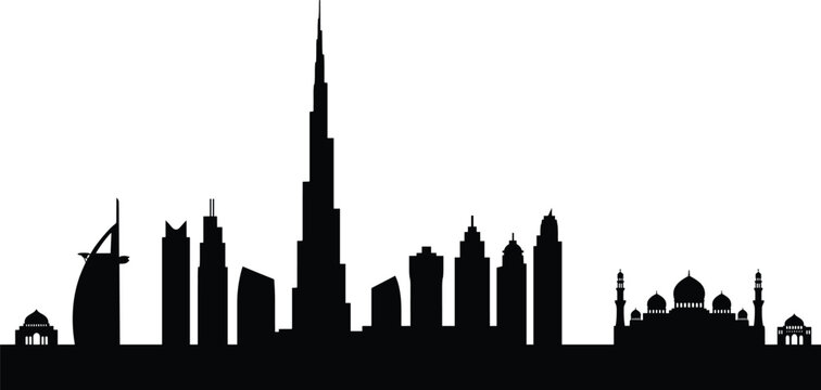 Dubai skyline flat vector illustration silhouette. Famous landmarks like the Burj Khalifa, Burj Al Arab, and a mosque form a panoramic United Arab Emirates cityscape layout.
