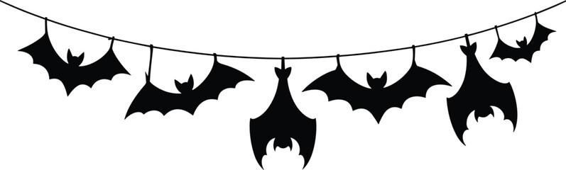 Halloween bats flat vector illustration garland. Black spooky hanging mammals hanging upside down from a string create a festive gothic party bunting decoration. © Olivia