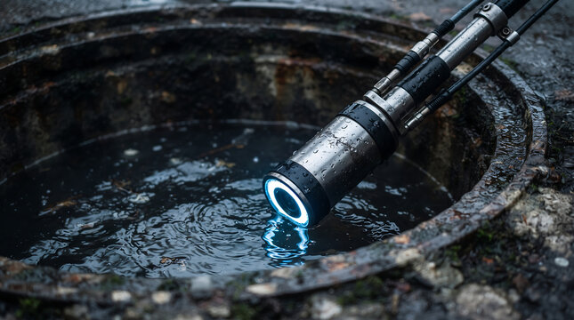 Industrial plumbing inspection camera device being used for looking inside dark underground sewer pipe network system to identify maintenance issues and blockages onsite.