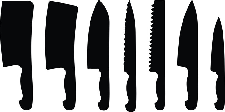 Kitchen knives flat vector illustration set. Professional black culinary blades like a cleaver, chef tool, and bread cutter form a cooking collection.