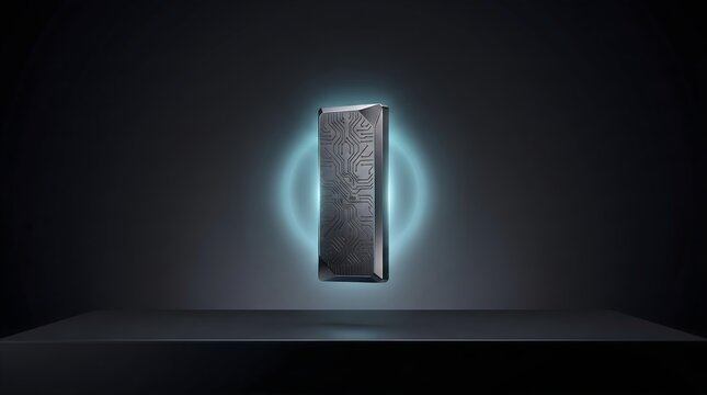 Futuristic floating black monolith with circuit patterns emitting an aqua-blue glowing aura