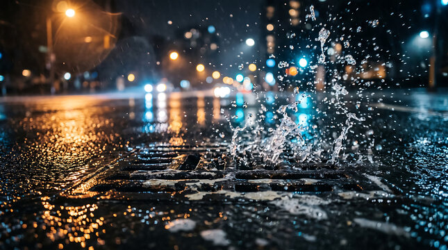 Rainwater splashing on urban metal storm drain during heavy downpour at night with downpour infrastructure streetlamp reflection illuminated precipitation cityscape