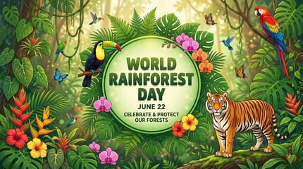 Colorful world rainforest day celebration with exotic animals and lush greenery illustration poster