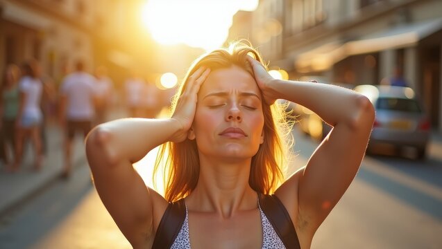 Young woman suffering from summer heat in city street at sunset, feeling hot during heatwave, urban lifestyle concept with warm sunlight, high temperature and exhaustion