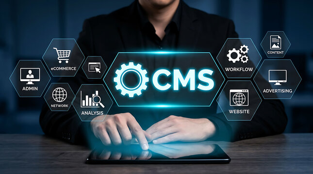 Businessman using CMS content management system interface on digital tablet