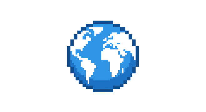 Pixelated globe icon, retro internet symbol, 8-bit world map illustration