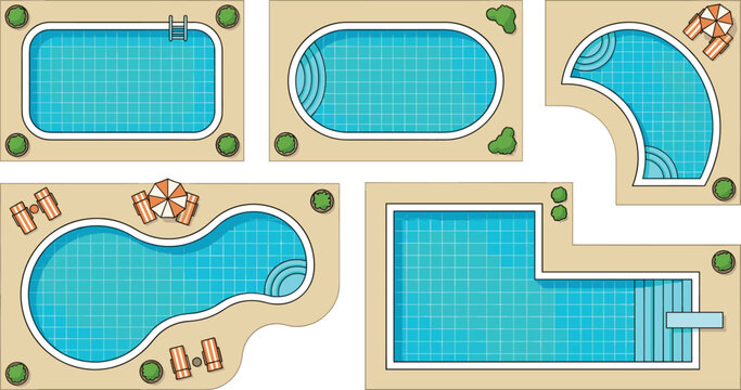 Architectural landscaping top view vector pools with backyard patio furniture elements and diving board