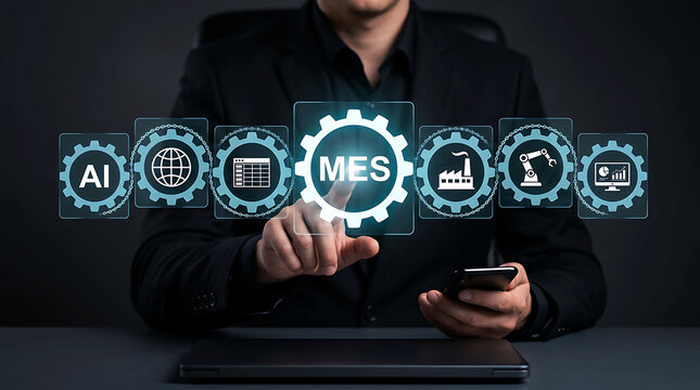 Businessman touching MES icon for manufacturing execution system management