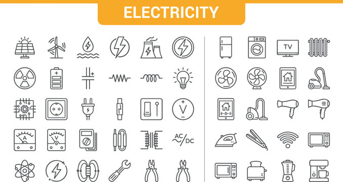 Electricity and Power Line Icon Set Featuring Solar Panels, Wind Turbines, Electronic Circuits, Voltmeter, Battery, and Home Appliances for Stock Vector Graphic Designs