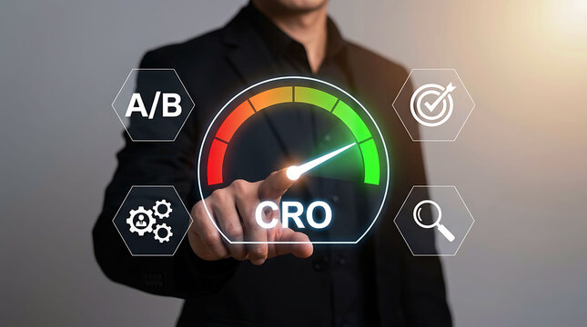 Businessman pointing at CRO conversion rate optimization screen for growth