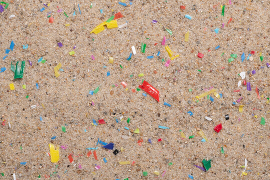 Microplastic in sand. Sandy beach polluted with tiny plastic particles, close up, top view