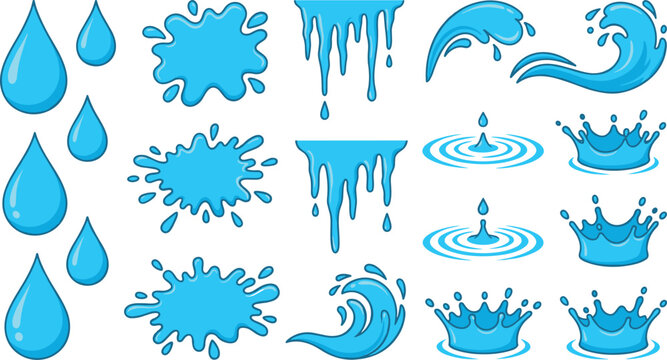 Blue water drop icon set featuring splash liquid ripples waves and dripping puddle vector