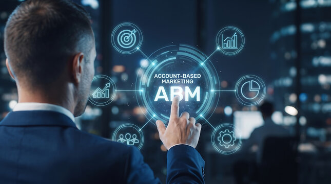 Professional using digital account based marketing abm holographic dashboard with marketing business technology strategy interface analysis management corporate