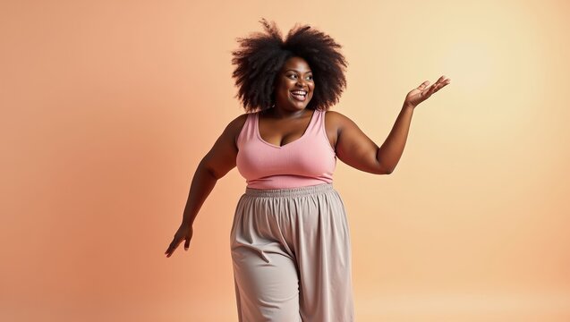 Full body African woman of plus size model dancing on pastel background