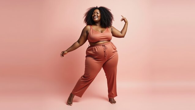 Full body African woman of plus size model dancing on pastel background