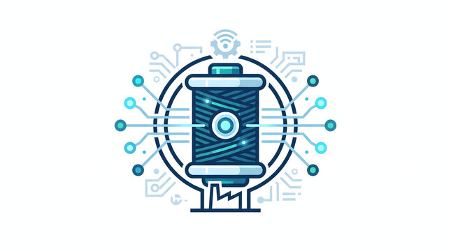 Smart textile technology icon, digital thread spool with circuit lines, futuristic fiber manufacturing concept art