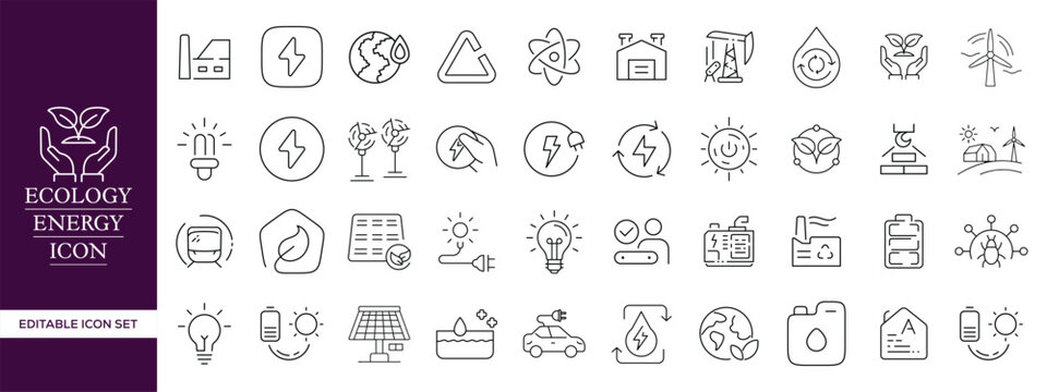 Ecology and Renewable Energy Line Icon Set with Sustainability, Green Power, Solar, Wind, Battery and Editable Stroke Vector Collection