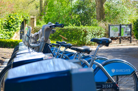 London, England &ndash; May 4, 2013 : Barclays bikes parked at docking station in London. The community bikes hire scheme launched in 2010.