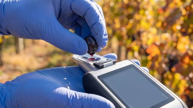 Winemaker testing grape sugar content with a digital refractometer