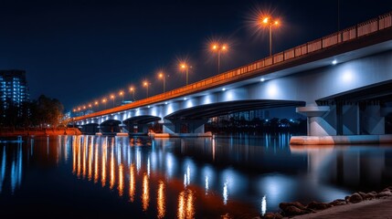 Fototapeta premium Dynamic modern bridge brilliantly lit at night, reflecting vibrant colors on still water.
