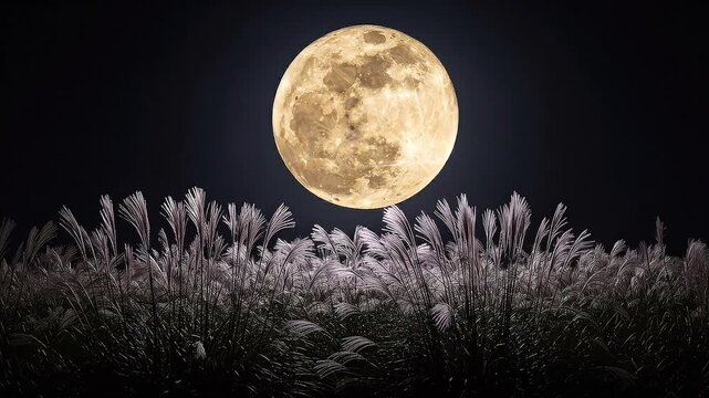 Full moon rising over a field of silver grass at night