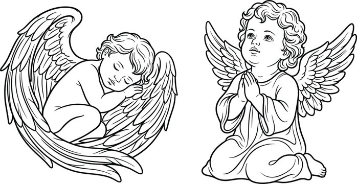 Vintage Line Art Cherub Angel Vector Set Featuring Cute Sleeping Little Angel and Praying Baby Angel Characters for Religious Graphic Designs
